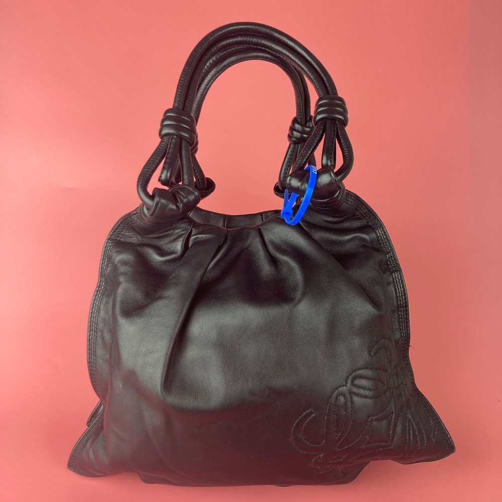🚫SOLD🚫LOEWE BLACK LAMBSKIN EMBROIDERED LOGO HOBO BAG - Picture 3 of 11